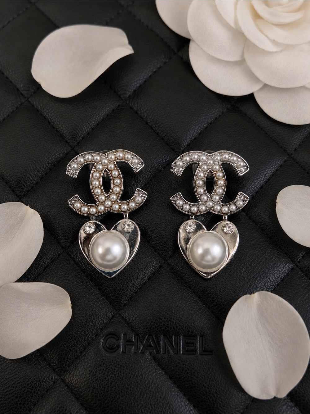 Silver-Tone Pearl CC Heart Drop Earrings - Silver & White